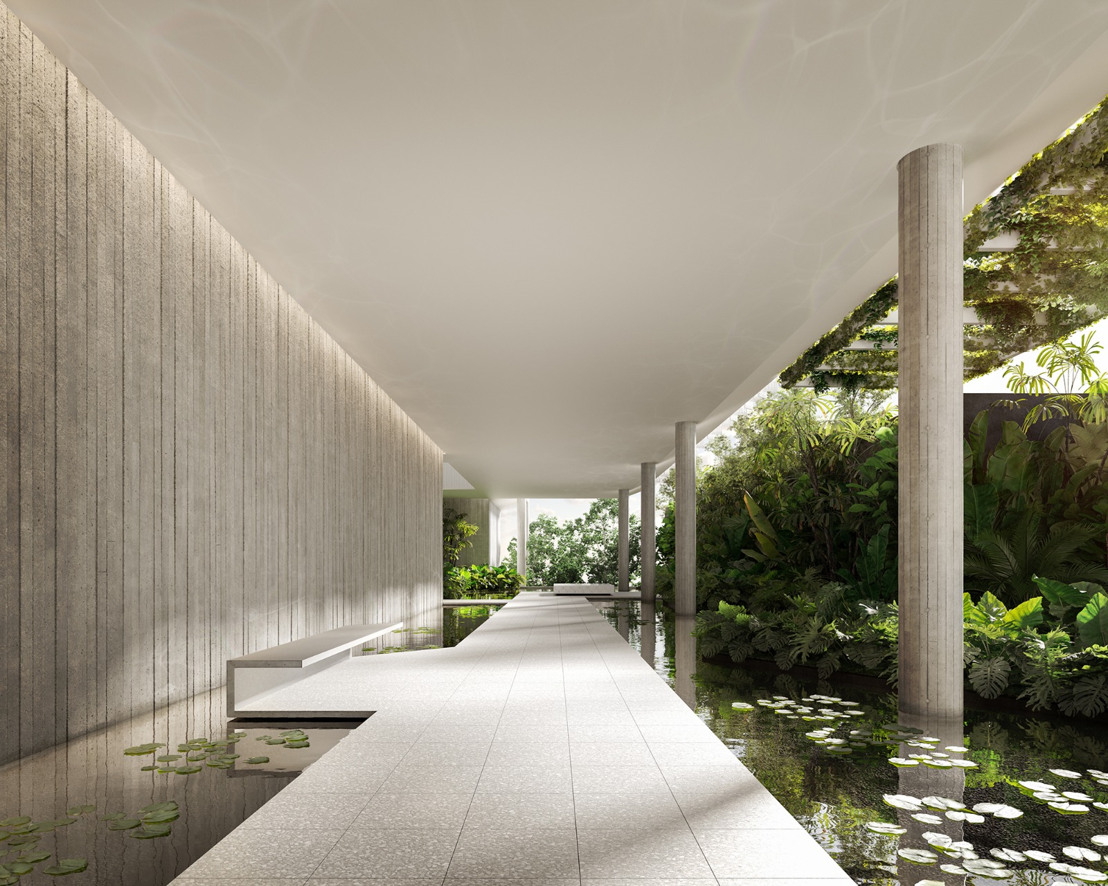 Hall com espelho d'água e jardim
